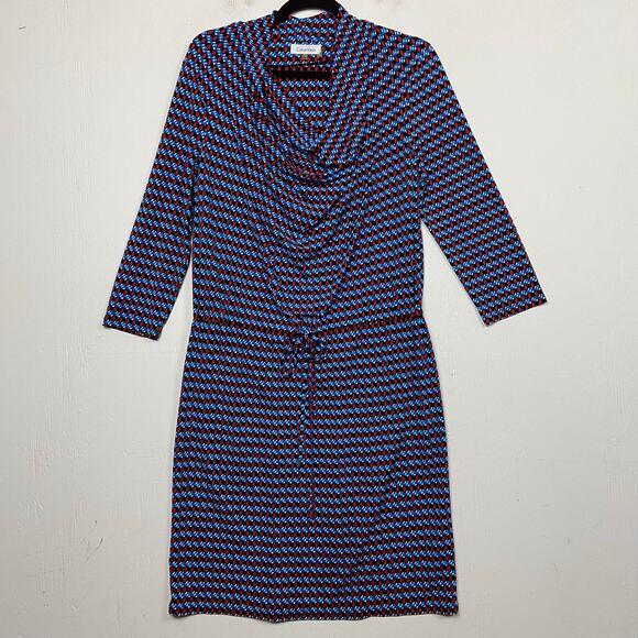 Calvin Klein Women's Cowl Neck Blue Geometric Career Dress Size Medium - Picture 1 of 9